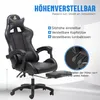 A black gaming chair with a footrest and headrest, shown with text overlays highlighting its features. Produktbild-Vorschau