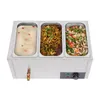 A stainless steel chafing dish with three compartments filled with food, set against a white background. Náhled obrázku produktu