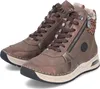 A pair of brown high-top sneakers with leopard print accents and faux fur lining. Produktbild-Vorschau