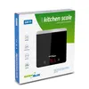 The image shows the packaging of a digital kitchen scale. The packaging is primarily white with green and blue accents. A clear window on the front of the box displays the black kitchen scale itself, which has a silver trim and an LED display showing '76.3 Produktbild-Vorschau