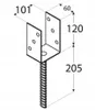 A technical drawing with dimensions of a U-shaped post support bracket with a threaded screw base. Podgląd zdjęcia produktu