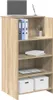 A light brown wooden reception desk with a laptop, binders, and storage boxes. Náhled obrázku produktu