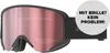 A pair of black ski goggles with a pink lens, with a circular overlay containing German text. Produktbild-Vorschau