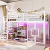 A child's bedroom featuring a white loft bed with integrated play kitchen and storage, illuminated by pink LED lights. Produktbild-Vorschau
