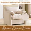 A close-up marketing image of a beige chenille armchair, with inset detail showing fabric texture and icons highlighting product features. Produktbild-Vorschau