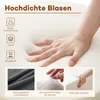 A hand pressing into a soft, beige material, with inset images showing fabric texture, fluffy material, and the material's resilience. Náhled obrázku produktu