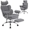 A grey fabric office chair with a headrest and footrest is shown from a slightly angled front view. A second, smaller image of the same chair is visible in the background. Produktbild-Vorschau