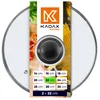 A glass pot lid with a black handle, displayed with a marketing overlay showing brand logo and product size options. Náhľad obrázku produktu