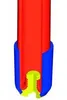 A close-up view of the bottom part of a red cylindrical object inserted into a blue housing, with a yellow threaded component visible at the very bottom. Produktbild-Vorschau