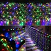 A collage of images showing colorful net lights decorating outdoor spaces like bushes, railings, and stairs. Produktbild-Vorschau
