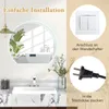 A bathroom scene with a round LED mirror, sink, and decorative elements, alongside instructional graphics for installation. Produktbild-Vorschau