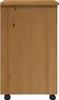 A side view of a wooden roll-top cabinet with black wheels. Náhled obrázku produktu