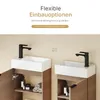 Two identical bathroom vanity units with sinks and faucets are shown side-by-side. The left unit is open, revealing shelves with toiletries and towels. The right unit is closed. Text overlays describe flexible installation options. Voir les images du produit