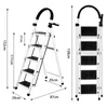 Two views of a white step stool with dimensions labeled. Voir les images du produit