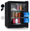 A black mini-refrigerator with a glass door, filled with jars and cans, displayed on a white background. Produktbild-Vorschau