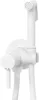A white bidet faucet with a handheld sprayer and hose, mounted on a white circular plate against a white background. Anteprima dell’immagine prodotto