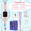 A flat lay of a pink smartwatch and its accessories, with a packing list and dimensions shown. Produktbild-Vorschau