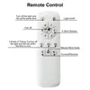 A diagram of a remote control for a ceiling fan, with labels pointing to each button and its function. Produktbild-Vorschau