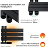 A collage of images showing details of a black radiator, including close-ups of its connections and a diagram illustrating its heating function. Produktbild-Vorschau