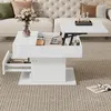 A white coffee table with a lift-top is shown in a living room setting, with a sofa in the background. Produktbild-Vorschau