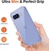 A hand holds a clear phone case with a Google Pixel phone inside, with feature icons and text on the left. Produktbild-Vorschau