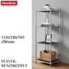 A metal shelving unit with items on its shelves, presented against a neutral background with text overlays. Produktbild-Vorschau