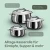Three stainless steel pots of different sizes are displayed on a light green background, with labels indicating their sizes. Produktbild-Vorschau