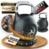 A kettlebell is shown on a wooden board with various marketing elements and text overlays. Produktbild-Vorschau