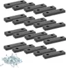 A collection of black furniture glides and screws arranged on a white background. Produktbild-Vorschau