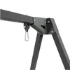 A close-up view of the metal frame of a swing set, showing the connection point between the horizontal beam and the A-frame legs, with a carabiner hook attached. Produktbild-Vorschau
