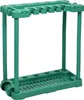 A green plastic garden tool rack with multiple slots for tools and wheels on the bottom. Podgląd zdjęcia produktu