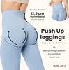 Close-up of a woman's lower body wearing light blue leggings, with text overlays highlighting product features. Produktbild-Vorschau