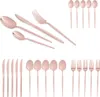 A collection of rose gold cutlery, including spoons, forks, and knives, arranged neatly on a white background. Anteprima dell’immagine prodotto