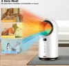 A collage image showcasing a white portable fan heater in three different modes: high heat, low heat, and fan mode, with accompanying lifestyle images of people using the product. The heater is depicted with visual representations of hot and cool air curre Produktbild-Vorschau