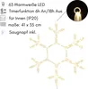 A snowflake-shaped LED light decoration with product specifications listed next to it. Produktbild-Vorschau