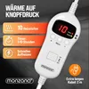 A close-up of a white electric blanket controller with marketing text and icons on the left. Produktbild-Vorschau