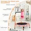 A young girl is jumping on a pink trampoline with LED lights, surrounded by decorative elements and text highlighting the benefits of jumping. Produktbild-Vorschau