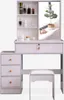 A white vanity table with a sliding mirror, drawers, and a stool, set against a plain white background. Voir les images du produit