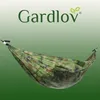 A hammock with a camouflage pattern is displayed against a gradient green background, with the brand logo 'Gardlov' at the top. Produktbild-Vorschau