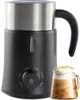 A black electric milk frother with a stainless steel top and a clear lid, shown next to a glass of frothy coffee. Produktbild-Vorschau