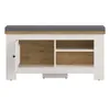 A white and wood-colored hallway bench with a gray cushion. Produktbild-Vorschau
