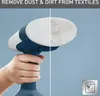 A hand holding a blue and white handheld steamer, with a split image showing the steamer head before and after cleaning. Produktbild-Vorschau