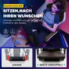 A woman is sitting in a gaming chair, looking at her phone. The image also shows close-ups of the chair's features. Produktbild-Vorschau