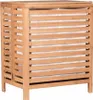 A front view of a wooden laundry hamper with a white liner.