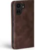 A brown leather flip case for a smartphone, shown from the side. Produktbild-Vorschau