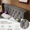 A close-up view of a tufted upholstered headboard with integrated charging ports and a tablet resting on a pillow. Anteprima dell’immagine prodotto