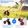 A comparison of two wheeled weed whackers, one black and one red, set against a grassy background with a person in the background using a weed whacker. Produktbild-Vorschau