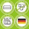 A collage of four circular graphics, each highlighting a feature of a product, set against a green background. Produktbild-Vorschau