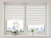 A window with blinds and plants on the windowsill, overlooking a city skyline. Produktbild-Vorschau