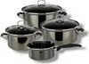 A set of four stainless steel pots with glass lids, arranged on a white background. Produktbild-Vorschau